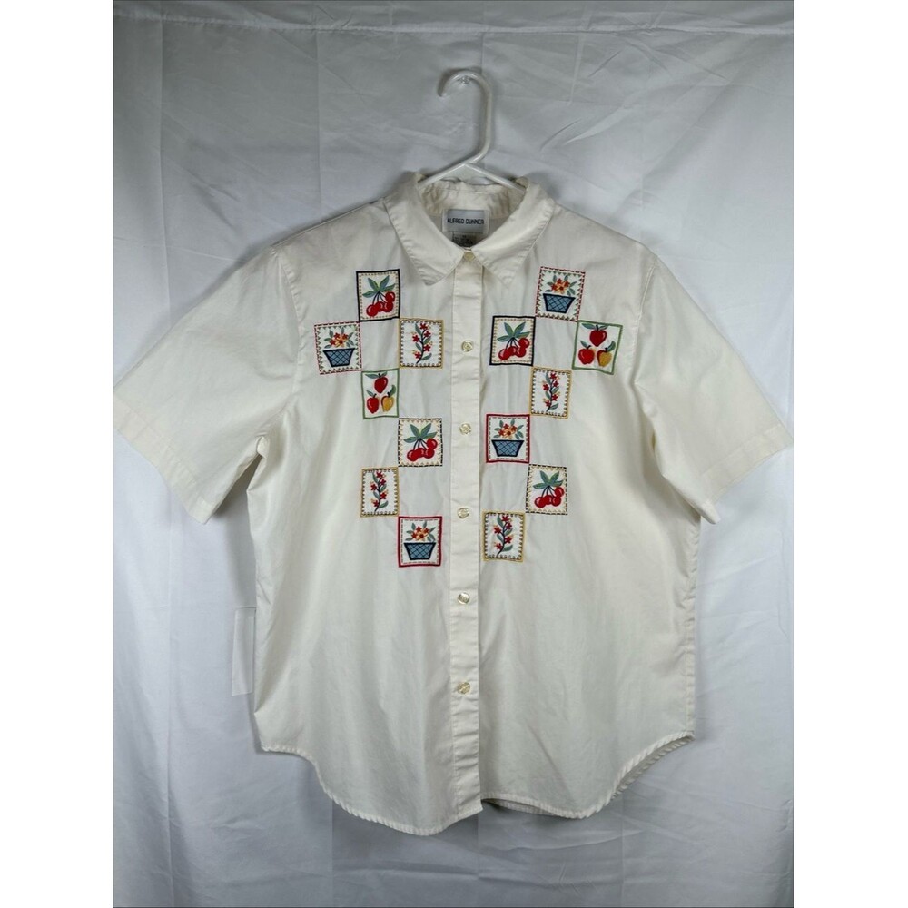 Vtg Alfred Dunner Short Sleeve Button Blouse Women’s 14 Embroidered Patchwork